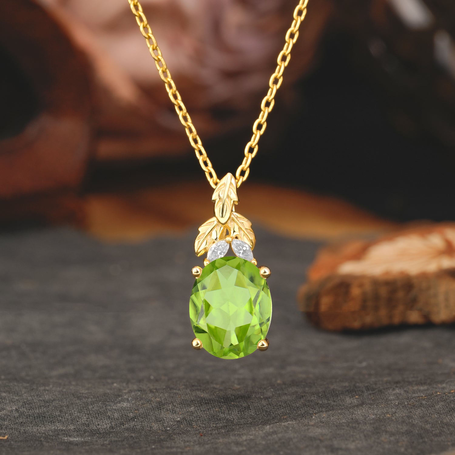 Leaf Accented Oval Cut Peridot Pendant Necklace Valentine’s Day Gifts For Women - Romalar Jewelry