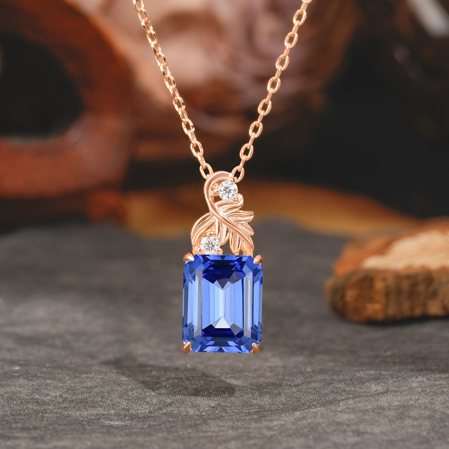 Sparkling Emerald Cut Sapphire Pendant Necklace - Leaf Motif Gift for Her