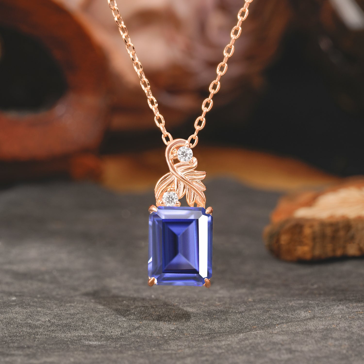 Sparkling Emerald Cut Tanzanite Pendant Necklace - Leaf Motif Gift for Her - Romalar Jewelry