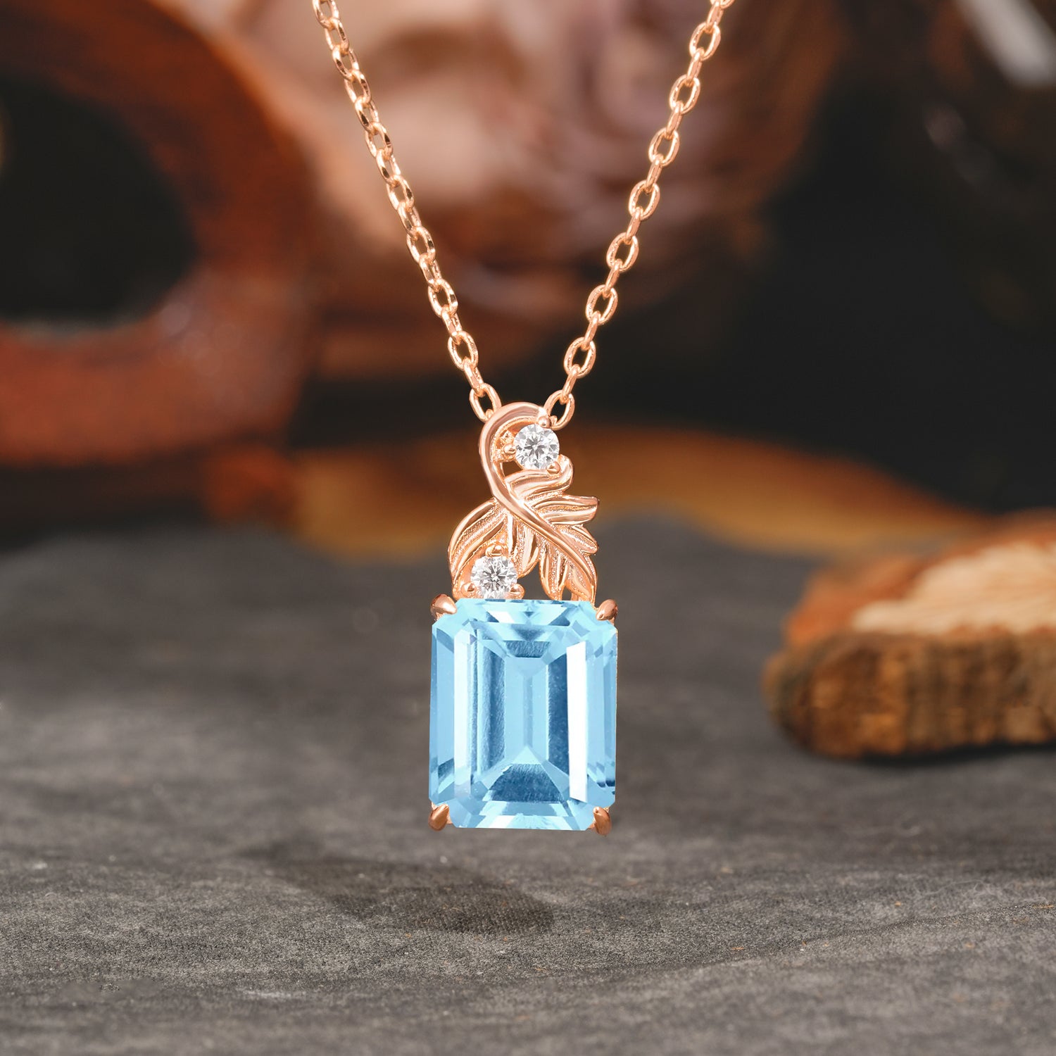 Sparkling Emerald Cut Aquamarine Pendant Necklace - Leaf Motif Gift for Her - Romalar Jewelry