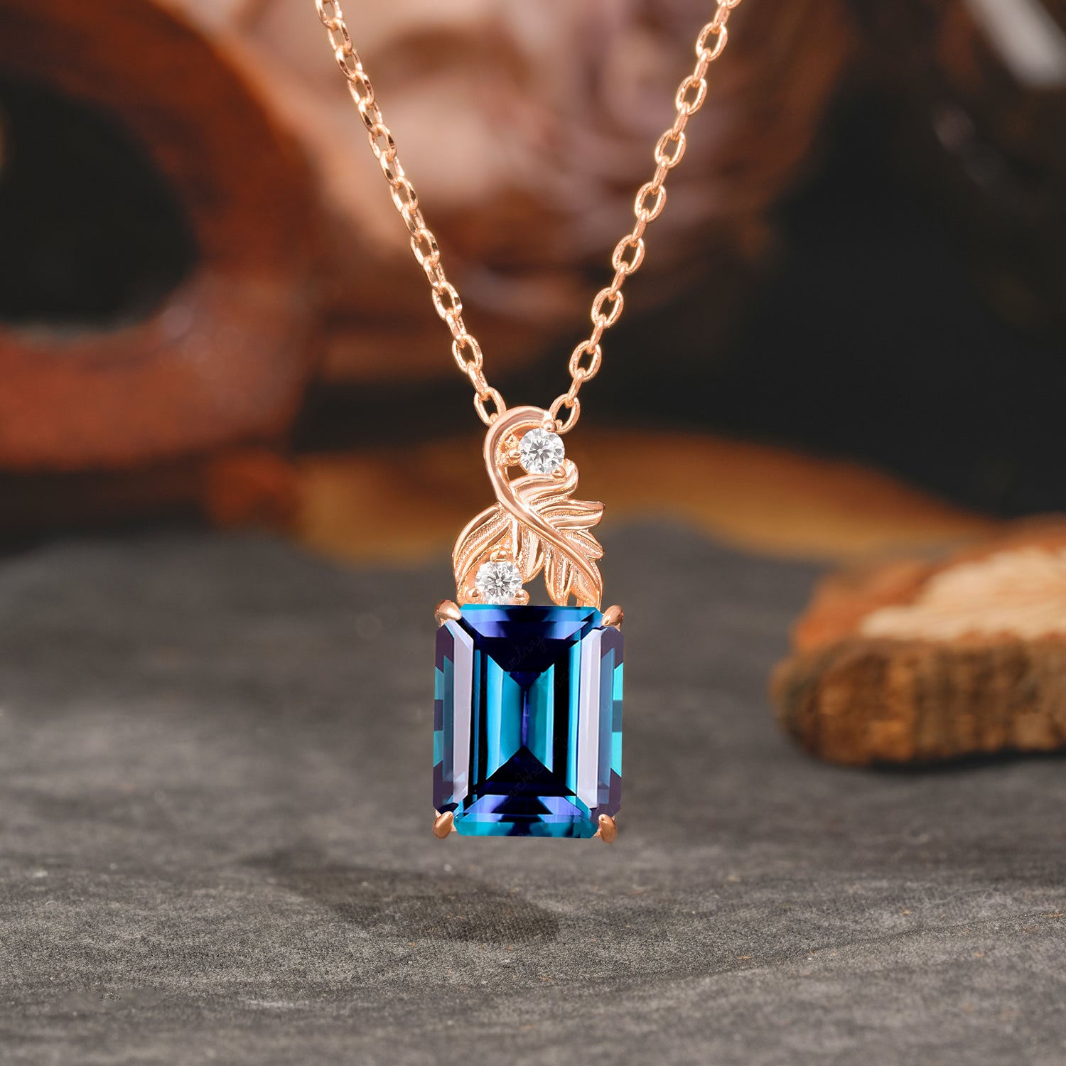 Sparkling Emerald Cut Alexandrite Pendant Necklace - Leaf Motif Gift for Her