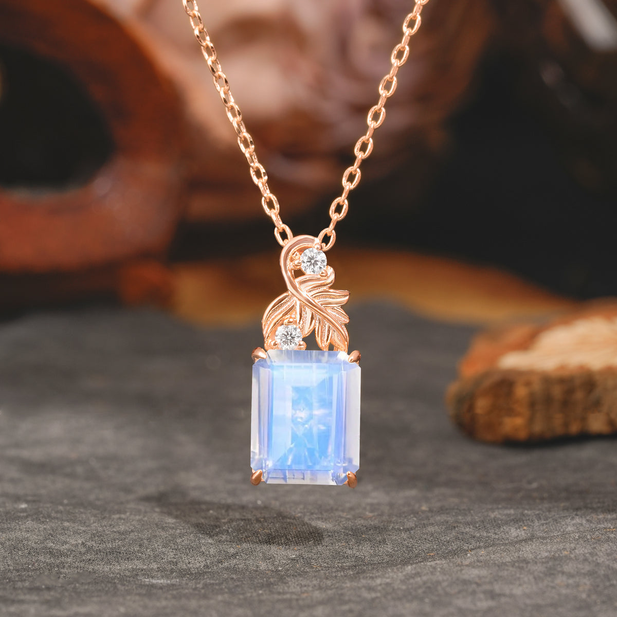 Sparkling Emerald Cut Moonstone Pendant Necklace - Leaf Motif Gift for Her - Romalar Jewelry