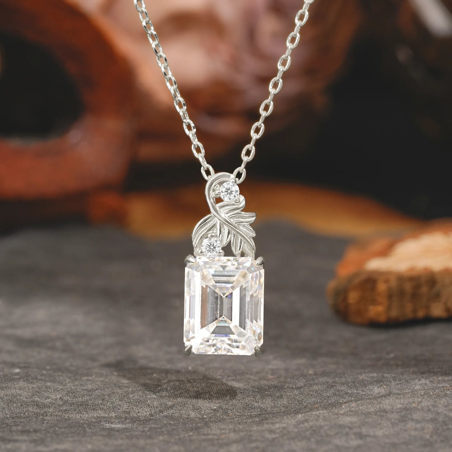 Sparkling Emerald Cut Moissanite Pendant Necklace - Leaf Motif Gift for Her