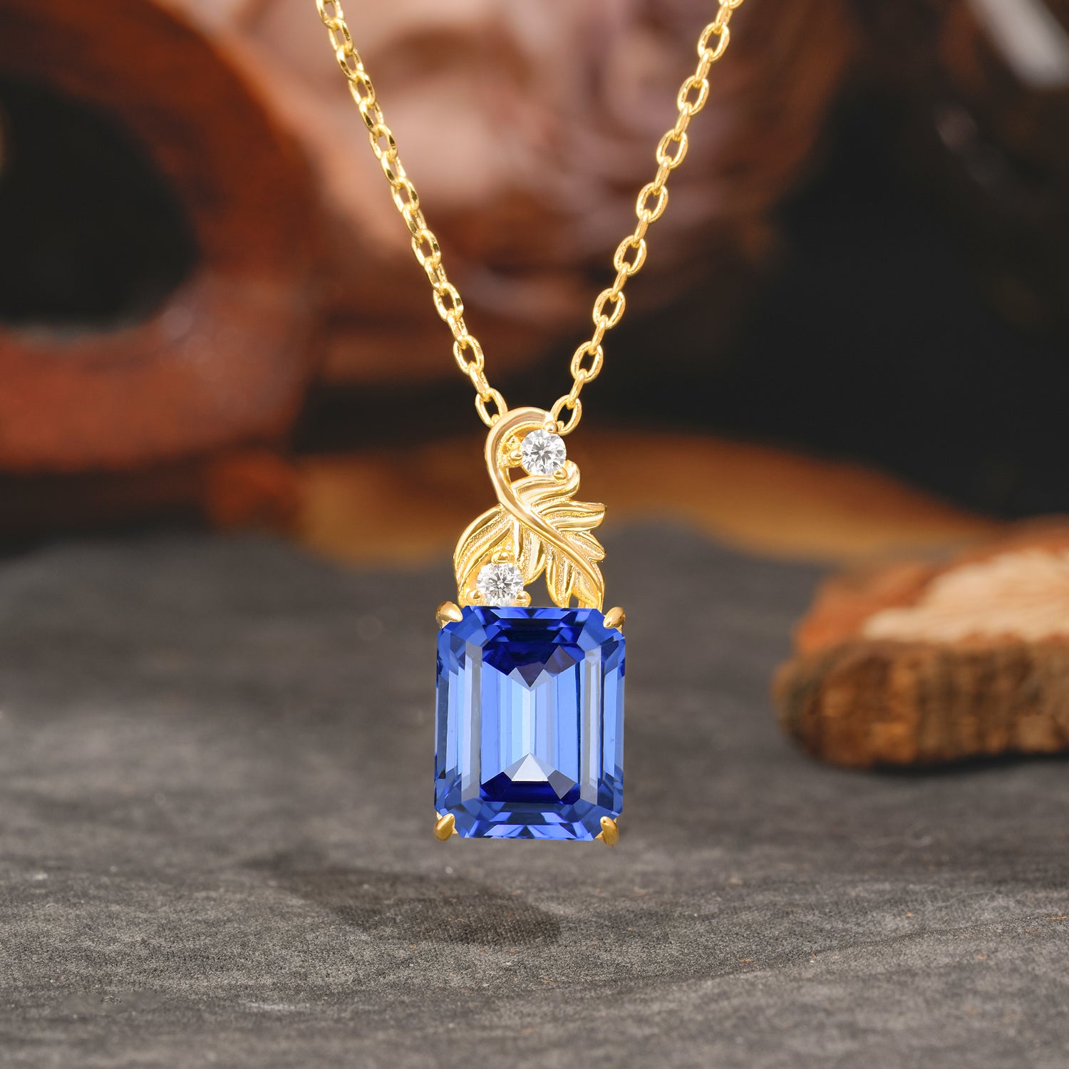 Sparkling Emerald Cut Sapphire Pendant Necklace - Leaf Motif Gift for Her