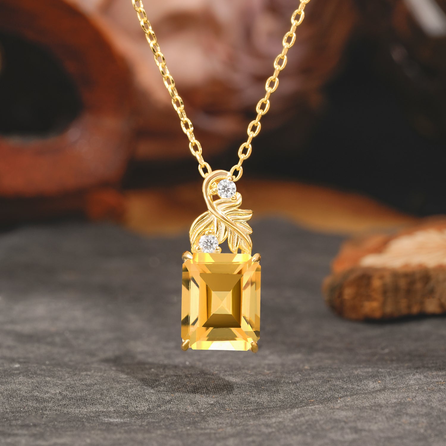 Sparkling Emerald Cut Citrine Pendant Necklace - Leaf Motif Gift for Her