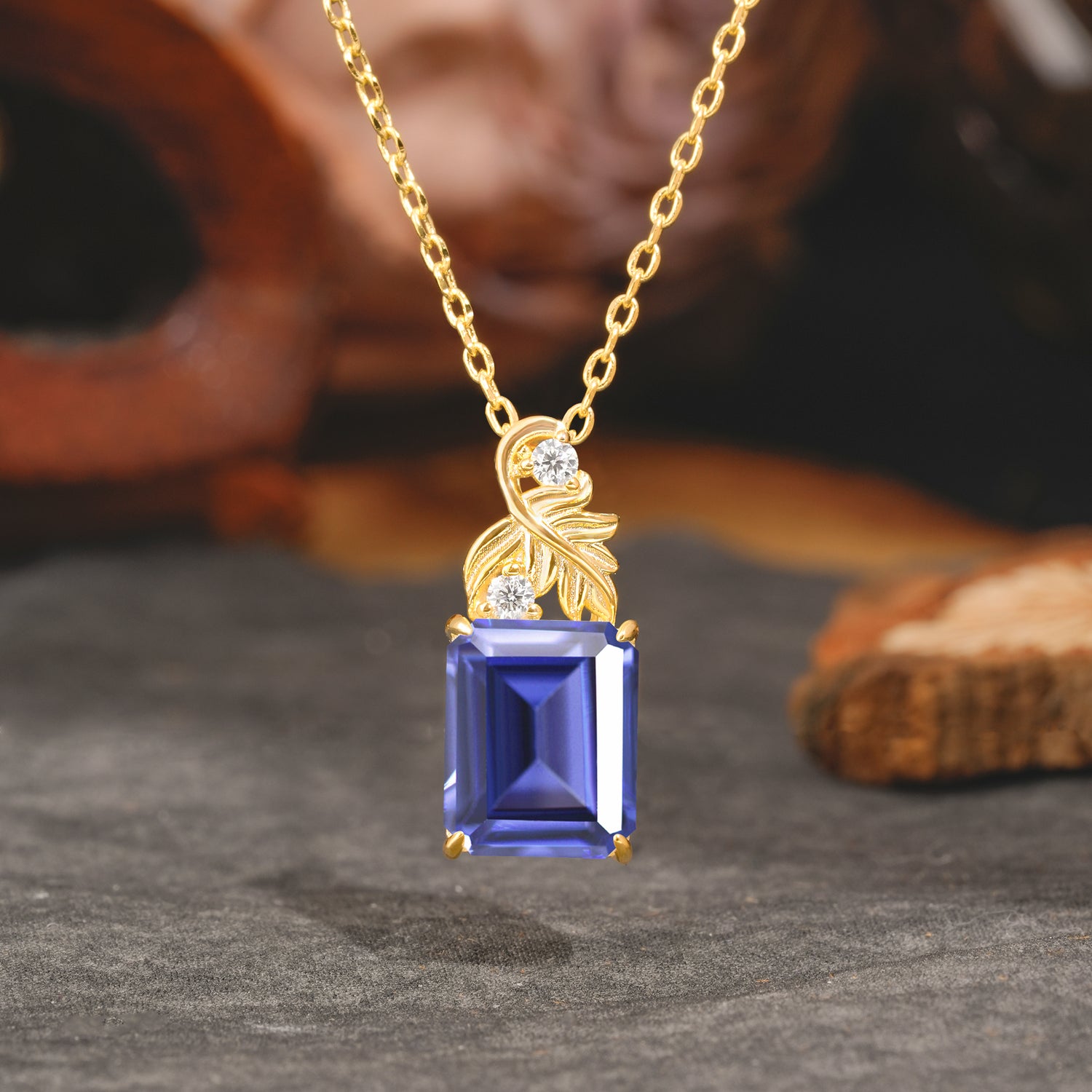 Sparkling Emerald Cut Tanzanite Pendant Necklace - Leaf Motif Gift for Her - Romalar Jewelry