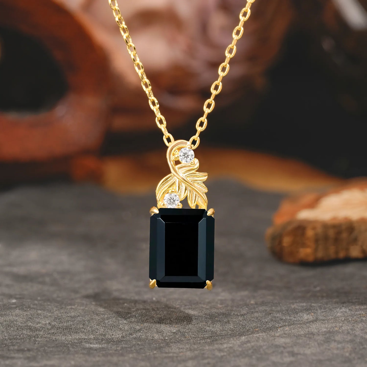 Sparkling Emerald Cut Black Onyx Pendant Necklace - Leaf Motif Gift for Her