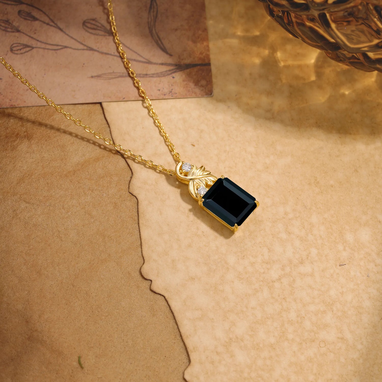 Sparkling Emerald Cut Black Onyx Pendant Necklace - Leaf Motif Gift for Her