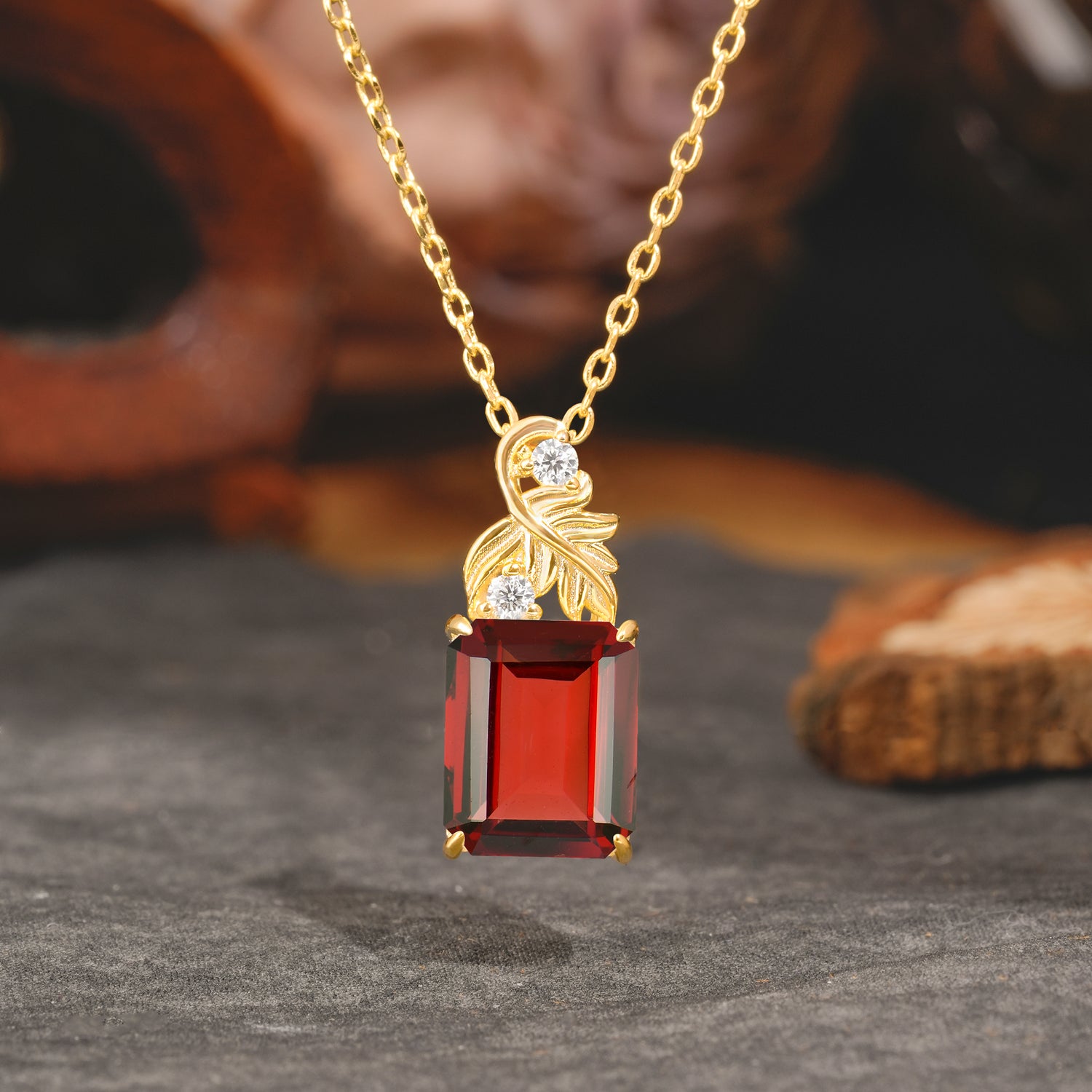 Sparkling Emerald Cut Garnet Pendant Necklace - Leaf Motif Gift for Her - Romalar Jewelry