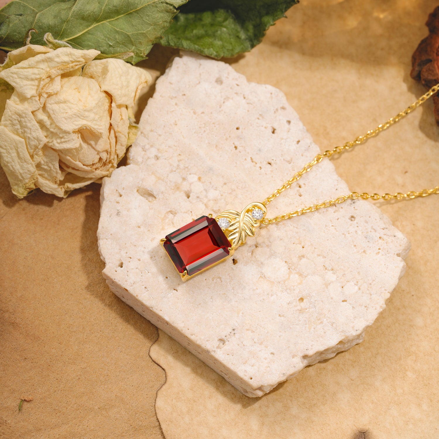 Sparkling Emerald Cut Garnet Pendant Necklace - Leaf Motif Gift for Her - Romalar Jewelry