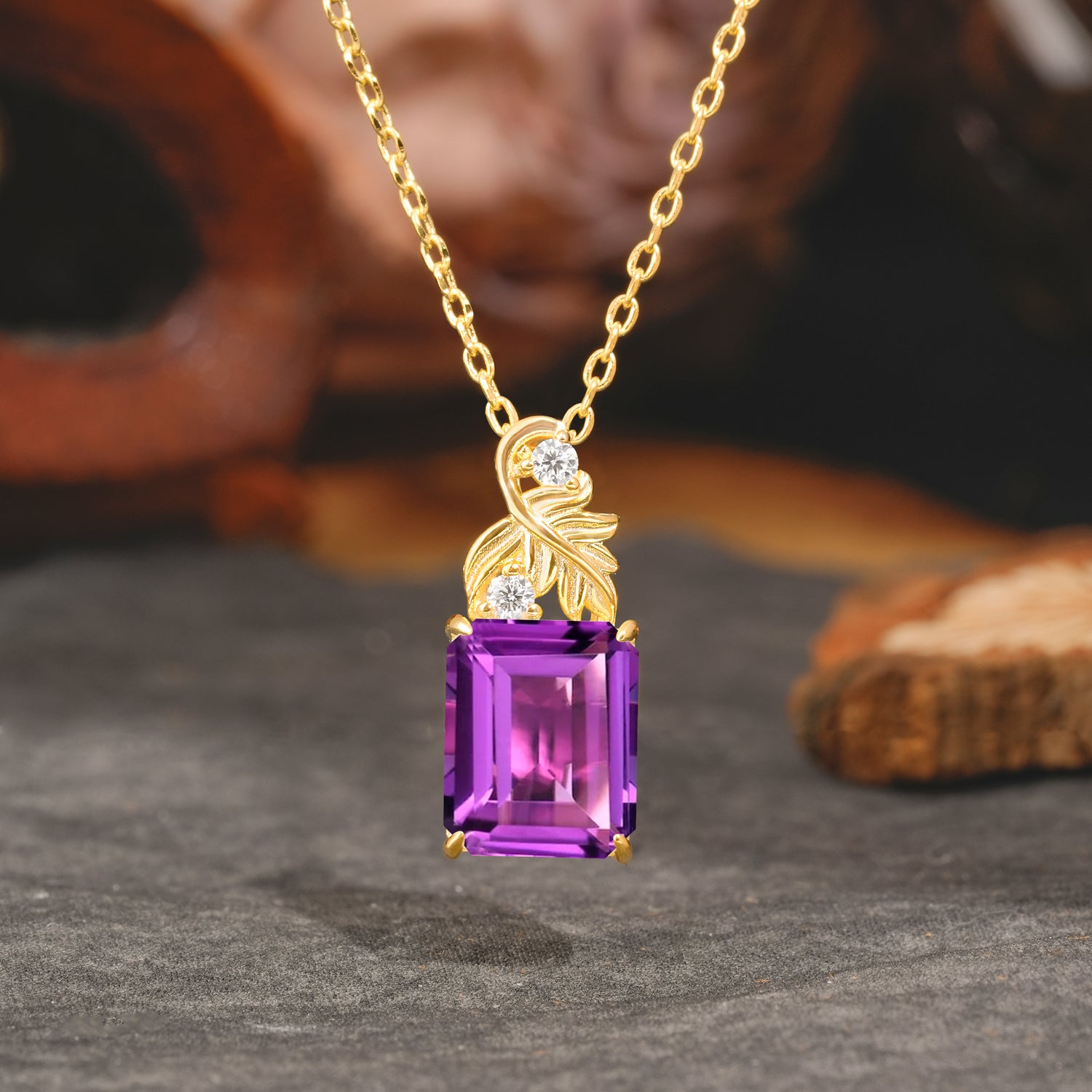 Sparkling Emerald Cut Amethyst Pendant Necklace - Leaf Motif Gift for Her - Romalar Jewelry