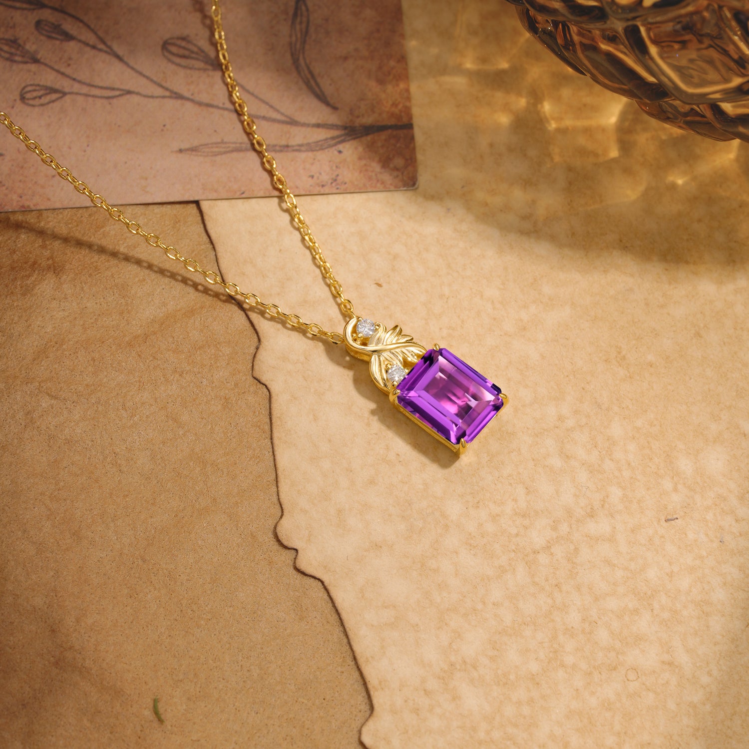 Sparkling Emerald Cut Amethyst Pendant Necklace - Leaf Motif Gift for Her - Romalar Jewelry
