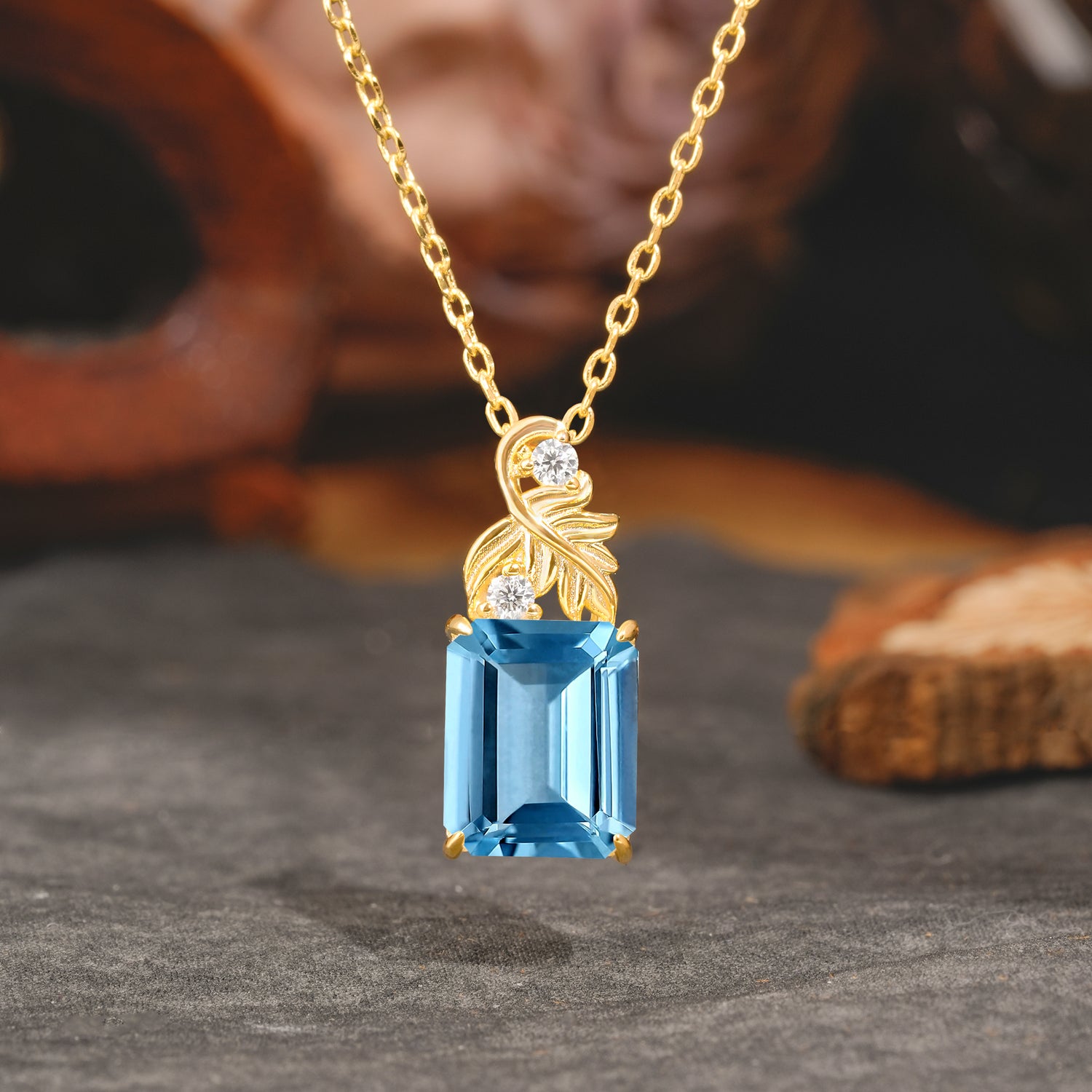 Sparkling Emerald Cut Aquamarine Pendant Necklace - Leaf Motif Gift for Her - Romalar Jewelry