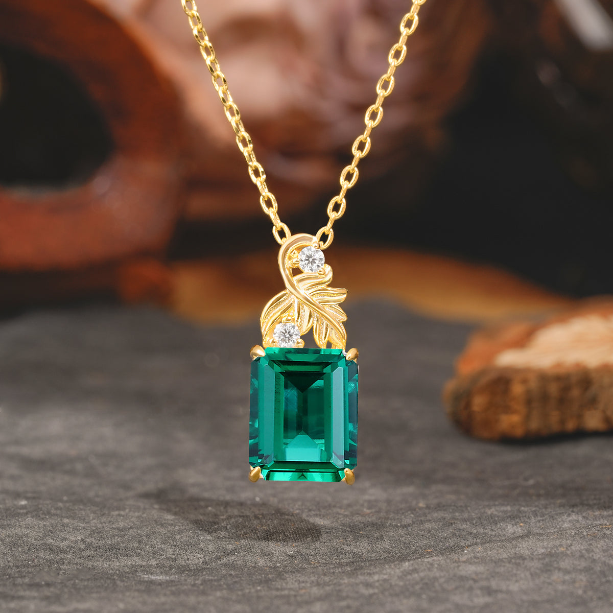 Sparkling Emerald Cut Emerald Pendant Necklace - Leaf Motif Gift for Her - Romalar Jewelry