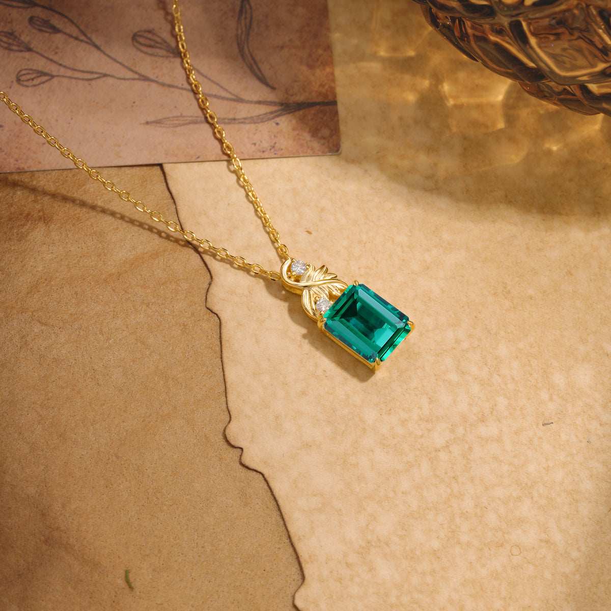 Sparkling Emerald Cut Emerald Pendant Necklace - Leaf Motif Gift for Her - Romalar Jewelry