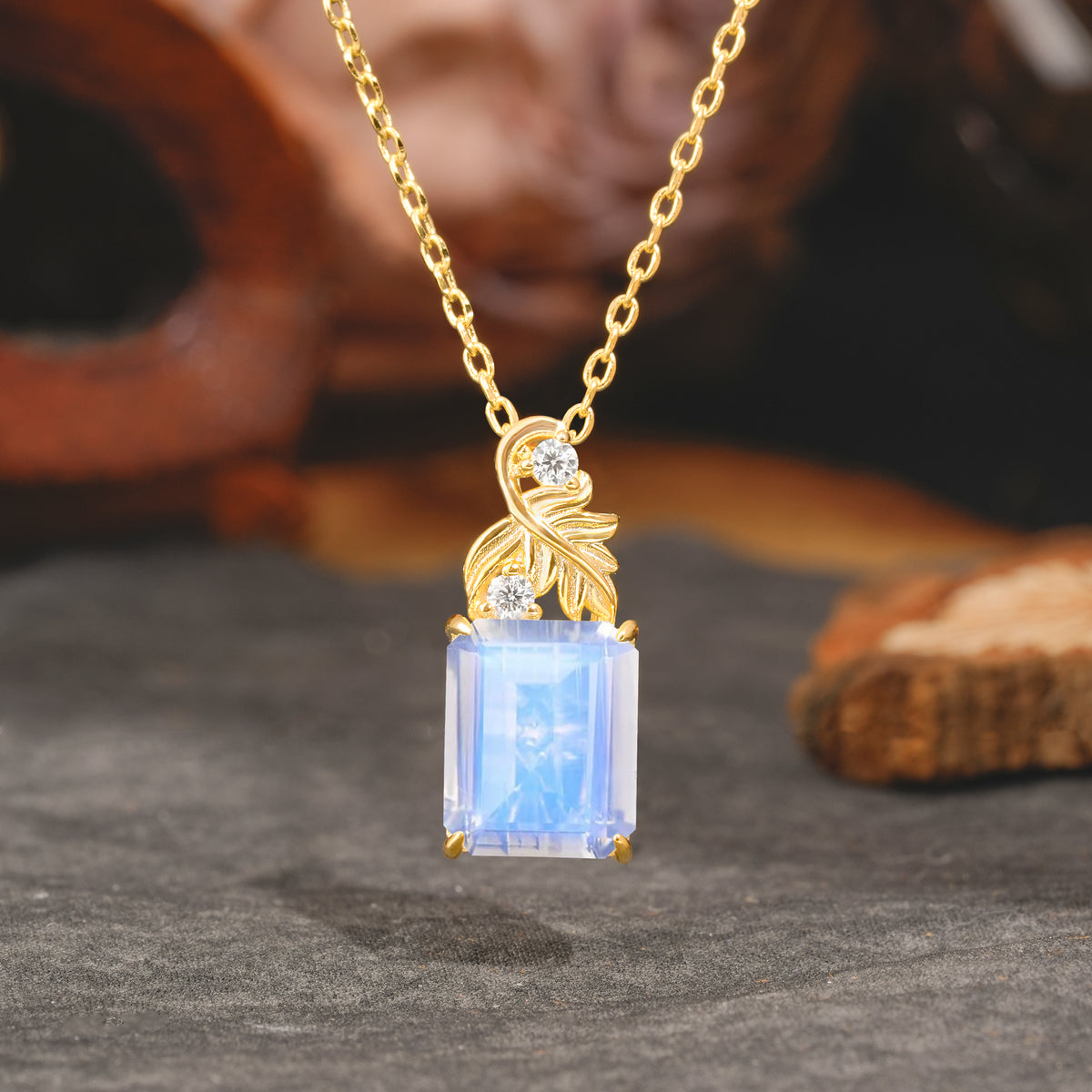 Sparkling Emerald Cut Moonstone Pendant Necklace - Leaf Motif Gift for Her - Romalar Jewelry