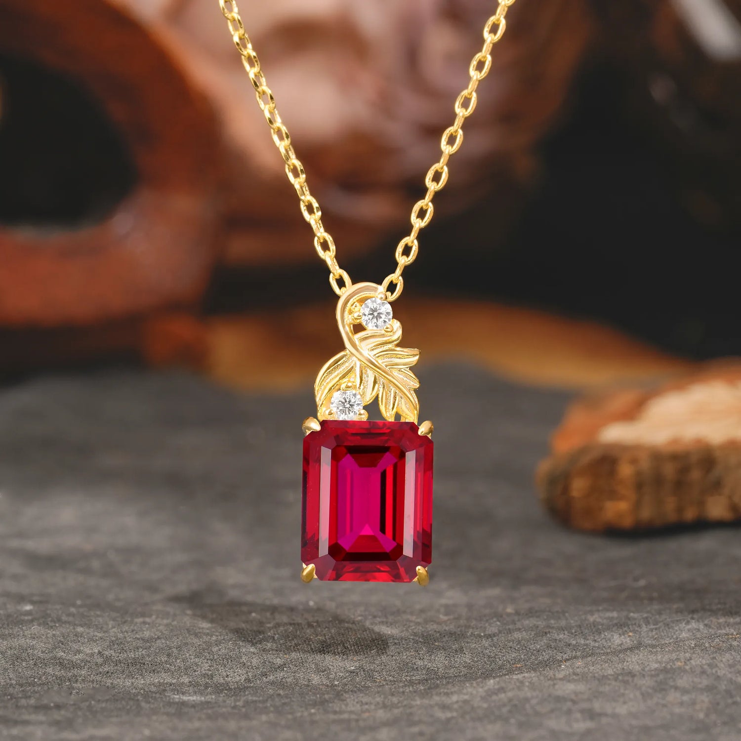 Sparkling Emerald Cut Ruby Pendant Necklace - Leaf Motif Gift for Her - Romalar Jewelry