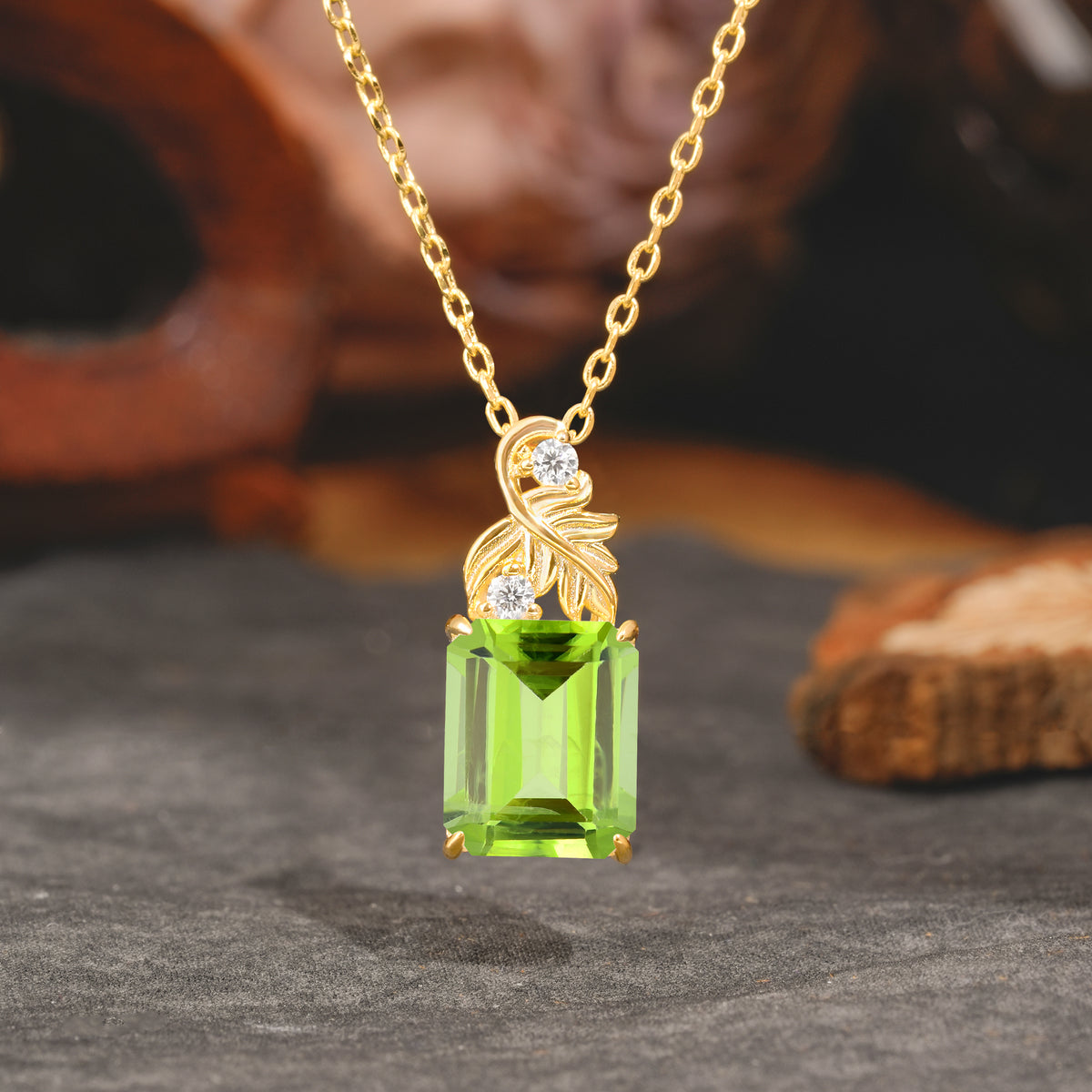 Sparkling Emerald Cut Peridot Pendant Necklace - Leaf Motif Gift for Her - Romalar Jewelry