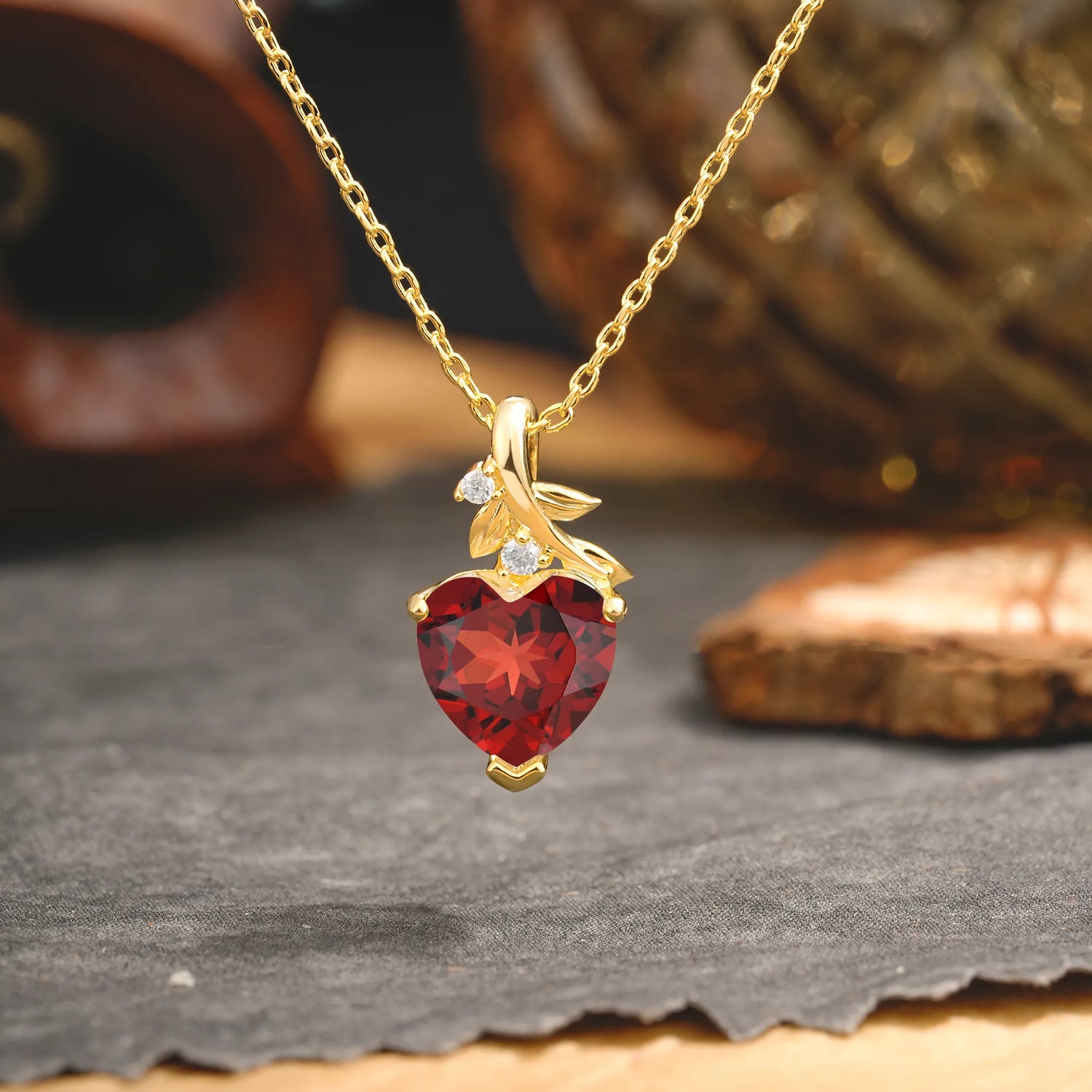 Vintage Leaf Design Heart Cut Garnet Necklace for Women - Romalar Jewelry