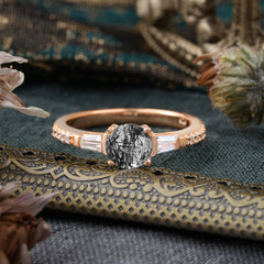 4 Prong Black Rutilated Quartz Engagement Ring Side Stone Promise Ring