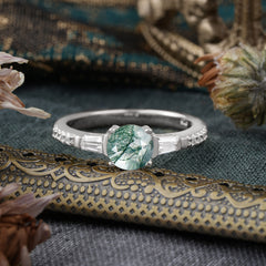 Moss Agate 1 Carat Light Green promise Ring with Side Stones