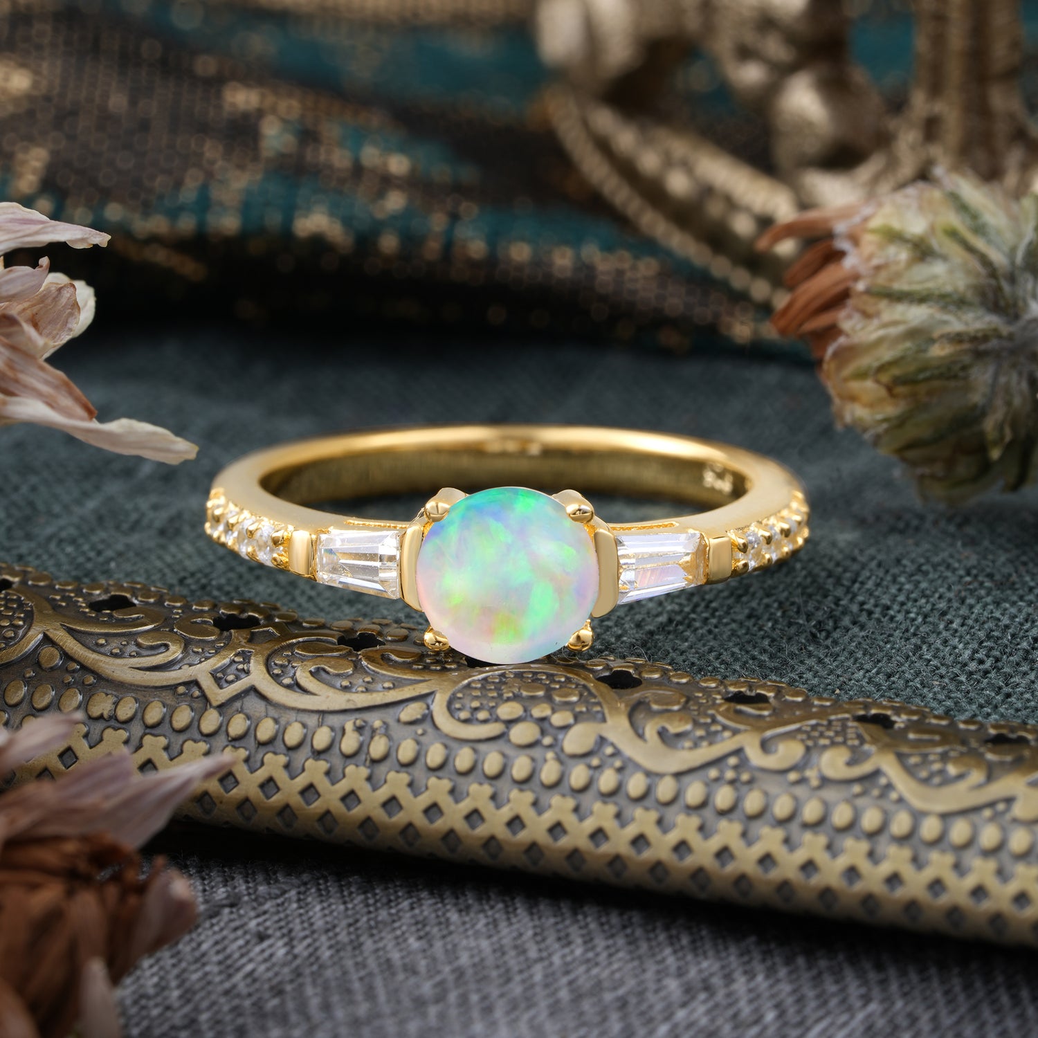 1 Carat 4 Prong Opal Engagement Ring Side Stone Promise Ring