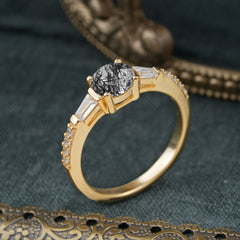 4 Prong Black Rutilated Quartz Engagement Ring Side Stone Promise Ring