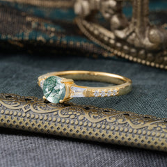 Moss Agate 1 Carat Light Green promise Ring with Side Stones