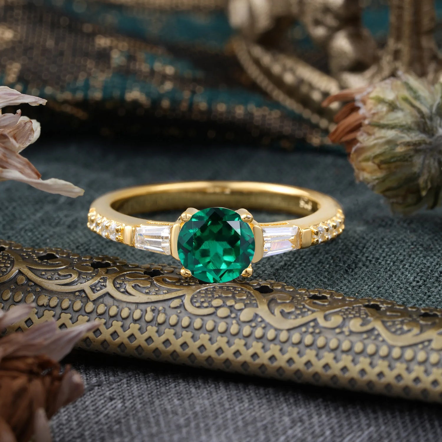 1 Carat Emerald Engagement Ring Side Stone Promise Ring