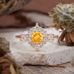 Round Cut Citrine Engagement Ring Cluster Six Prong Setting