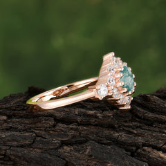 Round Cut Moss Agate Engagement Ring Cluster Six Prong Setting