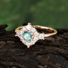 Round Cut Moss Agate Engagement Ring Cluster Six Prong Setting