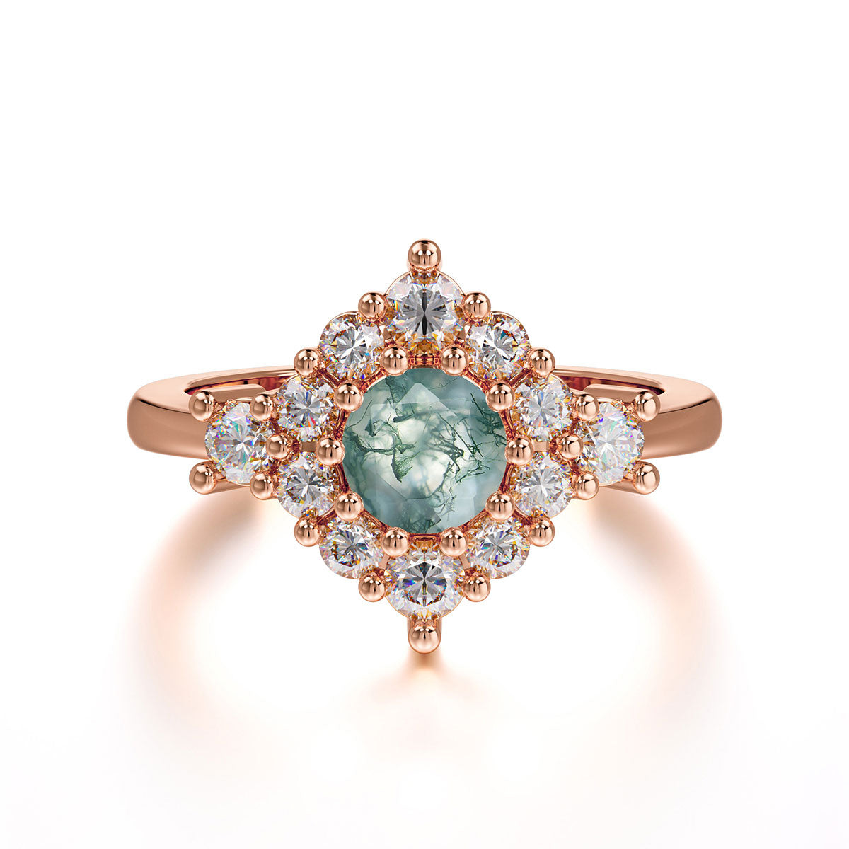 Round Cut Moss Agate Engagement Ring Cluster Six Prong Setting