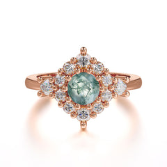 Round Cut Moss Agate Engagement Ring Cluster Six Prong Setting