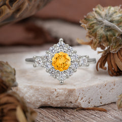 Round Cut Citrine Engagement Ring Cluster Six Prong Setting
