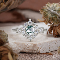 Round Cut Moss Agate Engagement Ring Cluster Six Prong Setting