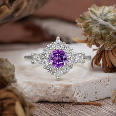 Round Cut Amethyst Engagement Ring Cluster 6-Prong Setting