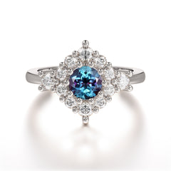 Round Cut Alexandrite Engagement Ring Cluster Six Prong Setting