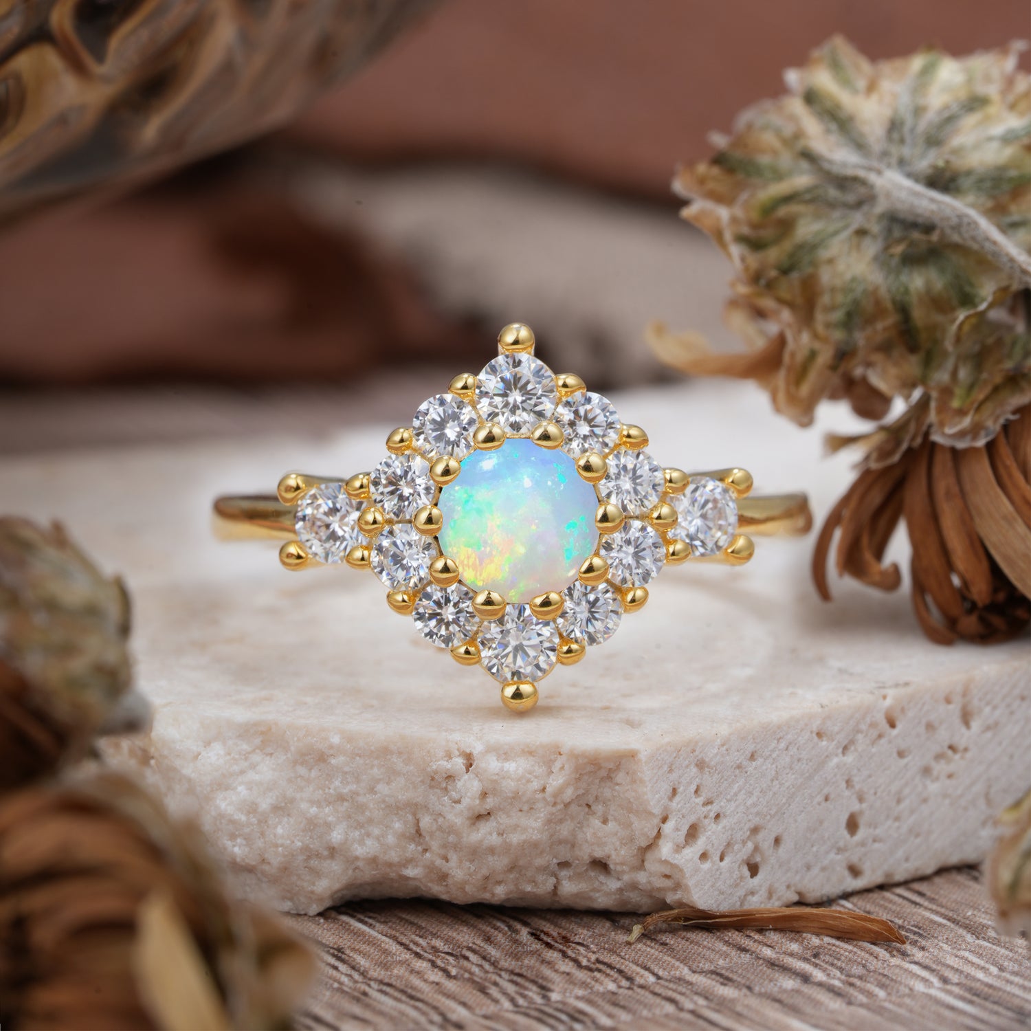 Round Cut Opal Engagement Ring Cluster 6-Prong Setting