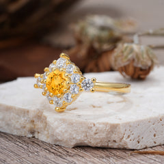 Round Cut Citrine Engagement Ring Cluster Six Prong Setting