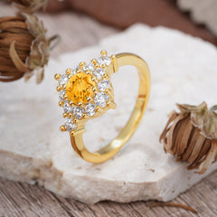 Round Cut Citrine Engagement Ring Cluster Six Prong Setting