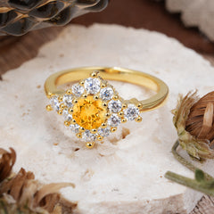 Round Cut Citrine Engagement Ring Cluster Six Prong Setting