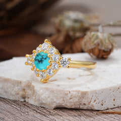 Round Cut Turquoise Engagement Ring Cluster 6-Prong Setting