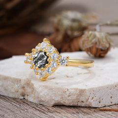 Round Cut Black Rutilated Quartz Engagement Ring Cluster 6-Prong Setting