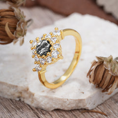 Round Cut Black Rutilated Quartz Engagement Ring Cluster 6-Prong Setting
