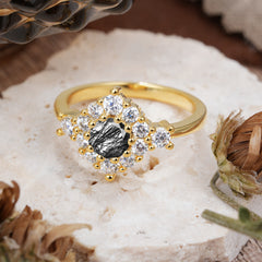 Round Cut Black Rutilated Quartz Engagement Ring Cluster 6-Prong Setting