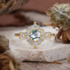 Round Cut Moss Agate Engagement Ring Cluster Six Prong Setting