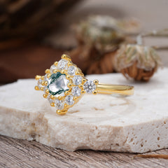 Round Cut Moss Agate Engagement Ring Cluster Six Prong Setting