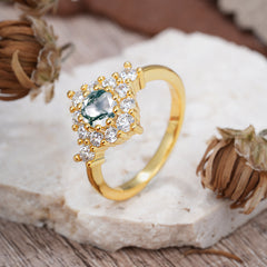 Round Cut Moss Agate Engagement Ring Cluster Six Prong Setting