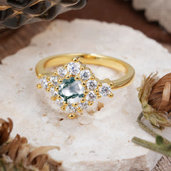 Round Cut Moss Agate Engagement Ring Cluster Six Prong Setting